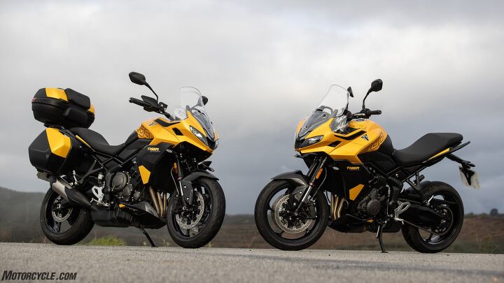 A tale of two Tigers: Integrated luggage mounts clean up the Tiger Sport 800's unladen appearance looking sharp. Meanwhile, the full-touring-regalia Tiger features options: key-and color-matched panniers ($640), as well as the top-case ($360). Triumph says a full-face helmet will fit in its side cases, while two full-face helmets can fit in the top case.