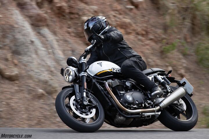 The Speed Twin 1200 maintains traction via Metzeler Sportec M9RR tires while the RS gets sportier rubber with the Metzeler Racetec RR K3s.